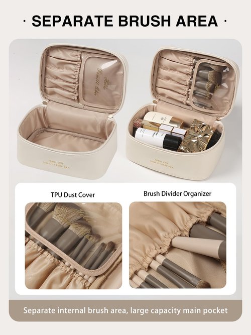 Travel Makeup Bag for Women Portable Cosmetic Bag Case Large Capacity Travel Toiletry Bag Waterproof Leather Make Up Organizer Cosmetic Brush Bag Case with Handle for Women