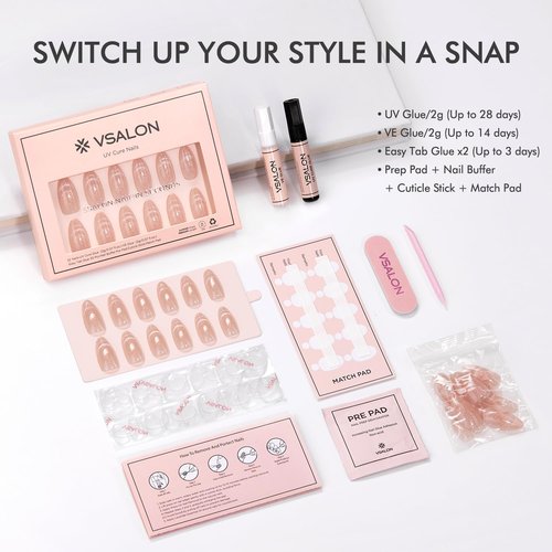 VSALON Press On Nails Almond, 32 Pcs 16 Sizes Cat Eye Press On Nude Neutral Sparkly Semi-Transparent Medium Fake Nails With UV Glue On Nails Kit, Reusable Stick On Nails Fall Wedding Gifts For Women