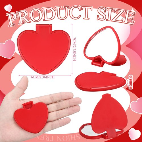 Geetery 48 Pcs Valentine Compact Mirror Bulk Gifts Heart Shaped Mini Pocket Small Folding Makeup Portable Travel Heart Purse Hand Mirror for Women Gift(Red,Rose Red,Purple)