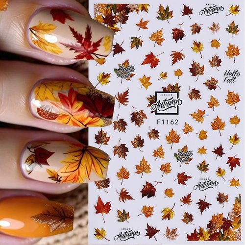 Fall Nail Art Stickers Decals 3D Autumn Maple Leaf Nail Stickers Self-Adhesive Nail Art Supplies 6PCS Autumn Leaves Deer Fall Nails Design Manicure Sliders for Women Thanksgiving Day Nail Decorations
