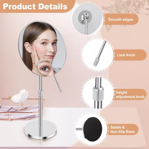 FFowcye 8" HD Vanity Mirror with Swivel & Adjustable Height (13-18"), Bonus 10X Magnifying Suction Cup Makeup Mirror for Precision Grooming & Shaving, Chrome Finish for Tabletop & Bedroom（No Light）