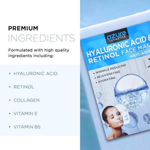 Azure Cosmetics 24K Gold, Caviar, Vitamin C, Hyaluronic Acid, Retinol & Collagen Anti-Aging Face Mask - Ultimate Variety Pack of 20 - Dermatologist Tested - Hydrating & Firming - Korean Skin Care