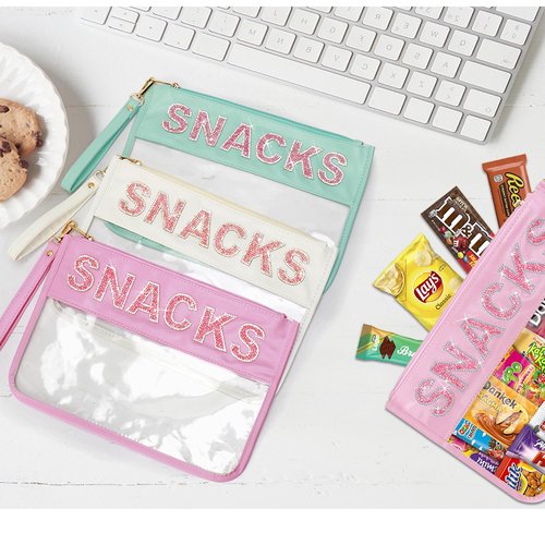 Clear Snack Bag For Travel Beach Work Waterproof, Bling Rhinestone Letter Cosmetic Bags Travel Toiletry Bag,Cute Snack Pouch Organization,Personalized Makeup Bag Gift For Women Girls (Pink-Snacks)