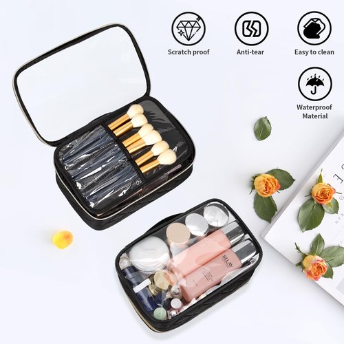 OCHEAL Clear Makeup Bag, Portable Cosmetic Organize,Travel Makeup Bag Cute Clear Pouch For Women and Girls Cosmetics Bags with Divider Makeup Brush Compartment-Black Nylon