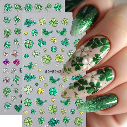 St. Patrick's Nail Stickers,5D Embossed Green Shamrock Nail Decals Self Adhesive Four-Leaf Clover Nail Design St. Patrick's Supplies Lucky of Irish Spring Manicure Decorations for Women 2PCS
