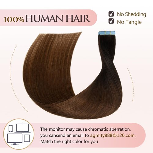 AGMITY Invisible Tape in Hair Extensions Human Hair Omber Off Black/Middle Brown 16 inches 20pcs 40g/pack Invisible Thick Hair Tape in Extensions(16 inches #T1b-4)