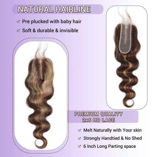 DSEKCAIN P427# Highlight Honey Blonde 2x6 Body Wave Lace Closure 100% Real Human Hair 16 Inch Transparent hd 2x6 Lace Closure