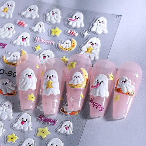 4 Sheets Halloween Nail Stickers 5D Embossed Star Moon Ghost Self-Adhesive Nail Decals Cute Nail Art Sticker Halloween Nail Art Supplies for Women Girls DIY Manicure Accessories