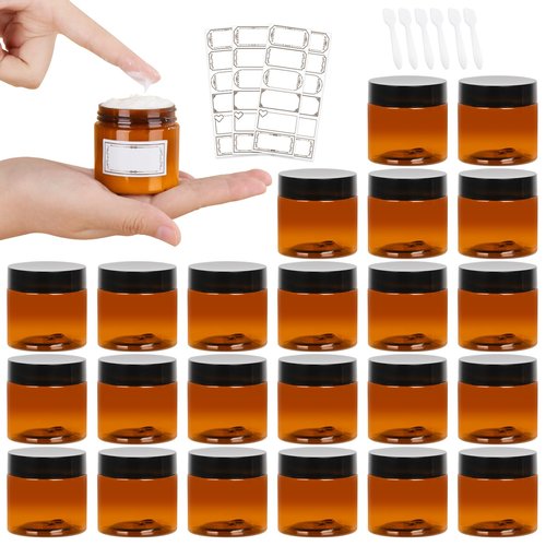 AuroTrends 2oz Amber Plastic Jars with Lids 24Pack, Small Salve Containers Ideal for Creams, Candles, Accessories and DIY Lotions, White Stickers and Spatula Included (60ml, Set of 24）