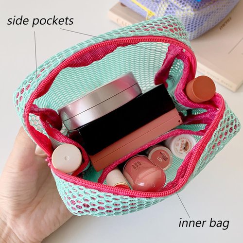 Molishan Small Cosmetic Bag with Double Layer Mesh, Mini Makeup Bag with Cute Bright Design Zippe Travel Toiletry Bag Green
