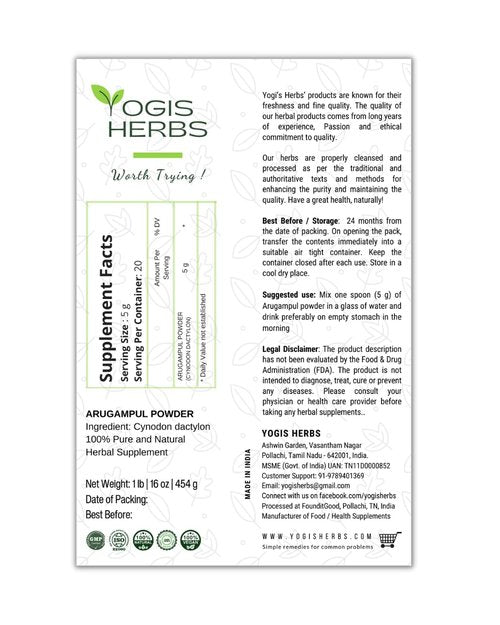 YOGIS HERBS Arugampul Powder - Bermuda Grass Powder - Cynodon Dactylon -1Lbfresh & Pure 1 Pound (Pack of 1)