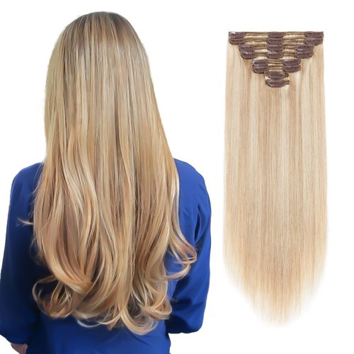 MY-LADY Double Weft 100% Remy Human Hair Clip in Extensions Highlight Full Head Thick Short Soft Silky Straight 8pcs 18clips(12" / 12 inch 110g,#18/613 Light Ash Blonde/Bleach Blonde)