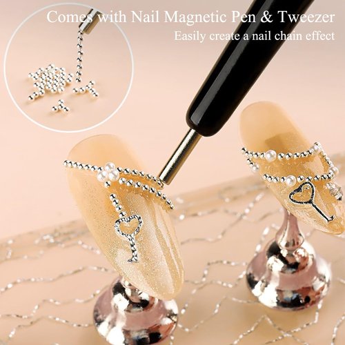 Silver Nail Charms Small Caviar Beads for Nails Art Metal Pearls Nail Beads Gems Mini Round Balls Charms for Nails Decorations with Nail Magnetic Pen & Tweezer