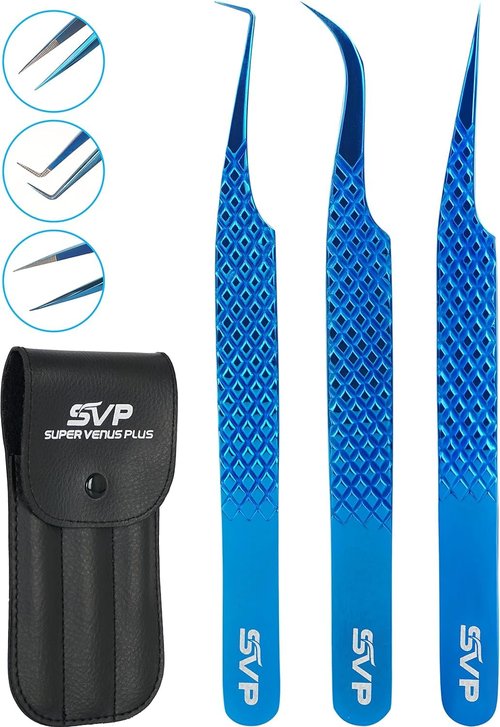 SV Lash Tweezers | Lash Extension Tweezers Set | 5Pcs Stainless Steel Eyelash Extension Tweezers Set | Volume/Isolation Nail Art Curved Tweezers (Blue 3 Pcs)