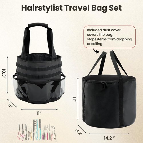 PUMHUBO Hairstylist Travel Bag, with Dust Cover, 11L Large Capacity, Heat-Resistant Interior, Clear Pockets, DIY Velcro Straps, Top Drawstring, Bathroom Cleaning/Pet Grooming Supplies Organizer