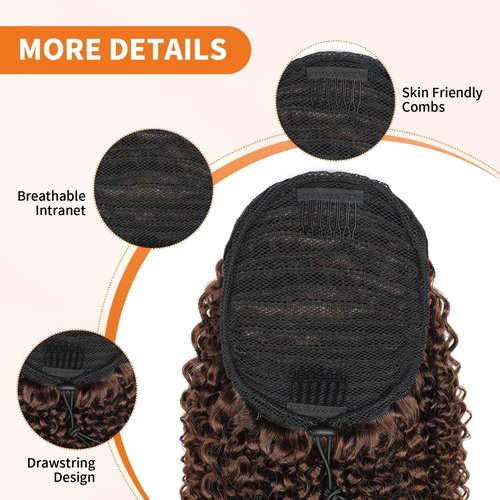 Afro Kinky Curly Ponytail Human Hair 150% Density Brazilian Virgin Hair 4C Afro Puff Drawstring Ponytail Extension for Black Women Dark Brown Color （12 Inch 4#）