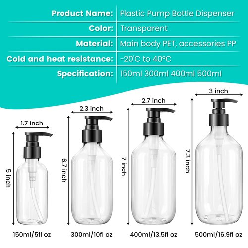 Teyssor Pump Bottle Dispenser Clear 2 Pack 300ml/10oz Empty Plastic Liquid Soap Dispensers, BPA-Free Refillable Container for Essential Oil Shampoo Lotion