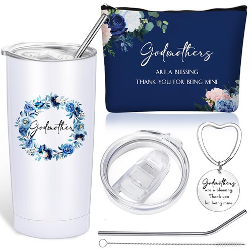 Sieral 3 Pcs Godmother Proposal Gifts Set 20 oz Stainless Steel Tumbler Makeup Bag Keychain from Godchild for Mother Women Birthday Gifts Ideas(Blue Flowers)