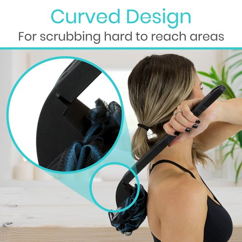 Vive Long Handled Loofah on a Stick - Mesh Back Sponge for Bath, Reusable w/Extra Pouf - Exfoliating Scrubber for Elderly & Disabled, Soft Loofa for Bathing Men & Women