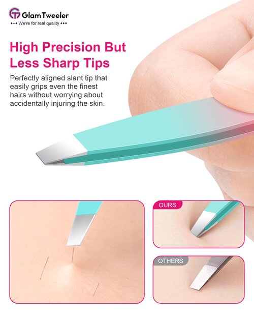 Exclusive G-01 Slant Tip Tweezers, GlamTweeler High Precison Expert Eyebrow and Facial Hair Removal Tweezer with Leather Storage & Carrying Case