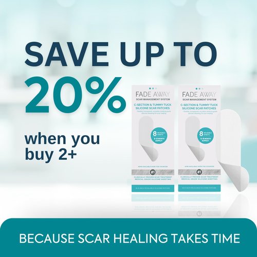 Fade Away Scars Silicone Scar Sheets for C-Section & Tummy Tuck – Reusable Medical Grade Silicone Scar Tape for Surgical Scars – Soft Scar Strips with Storage Pouch – Fade Away Silicone Scar Sheets