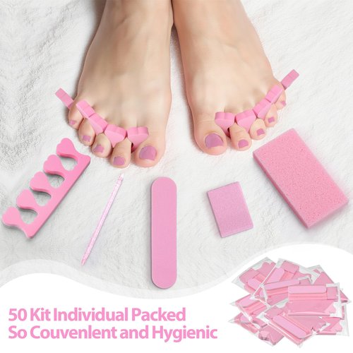 Lanties 50 Sets Disposable Pedicure Kit Individually Package 5 in 1 Pedicure Tools Pumice Stone Nail File 80/100 Grit Mini Buffer Toe Separator Cuticle Pusher Clear Bag for Salon Home(Pink)