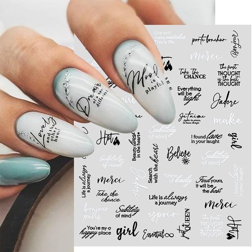 XEAOHESY 6 Sheets Black White Words Nail Stickers Self Adhesive English Words Abstract Human Face Love Heart Nail Art Stickers Decals for Women Nail Art