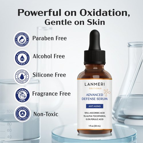 Lanmeri Ceuticals 15% Vitamin C + E Ferulic Serum: Vitamin C Serum for Face with Vitamin E, Ferulic Acid – Antioxidation, Radiance & Hydration – for Visibly Dull or Uneven-Looking Skin (1 fl oz)