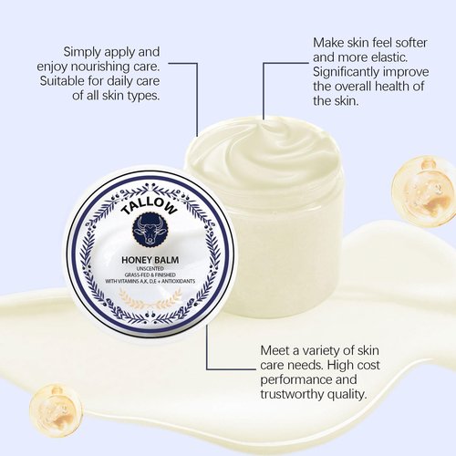 Grass Fed Honey & Tallow Balm -Beef Tallow Beeswax and Honey Moisturizer, Organic Beef Tallow Moisturizer for Face & Body Lotion Skin Care for Sensitive Skin