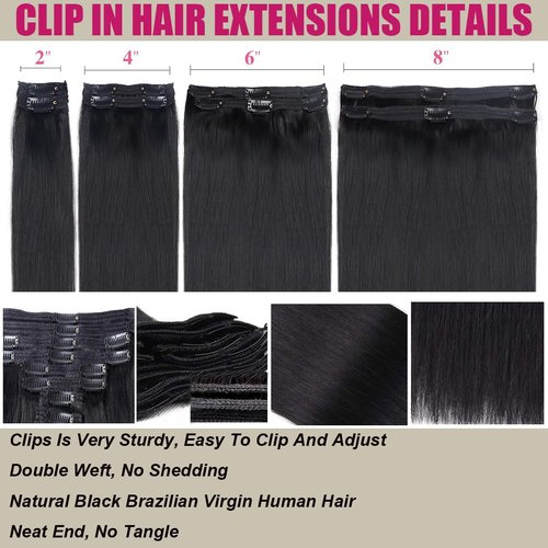 Straight Clip in Hair Extensions Human Hair Straight Clip ins Human Hair Extensions Natural Black Hair Extensions Real Human Hair Clip ins for Women 8Pcs with 18Clips, 120G, 18Inch