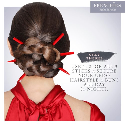 Frenchies French Twist Chinese Hair Sticks, Ultra Flocked Extra Soft Hair Chopsticks for Women, Girls, Teens, Buns, Dancers, Womens Wedding Accessories for Updo Hairstyles, Pack of 3, Red