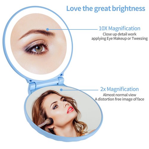 E-MAKEUP Compact Makeup Mirror, 10X /2X Magnification, Compact Travel Mirror with 3-Level Brightness, Shell Led Compact Mirror with Light, Small Gifts for Women & Men, Portable, Handheld