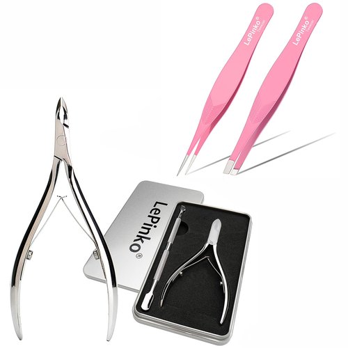 LePinko Salon-Quality Cuticle Trimmer Set and Slanted & Pointed Tweezers Set