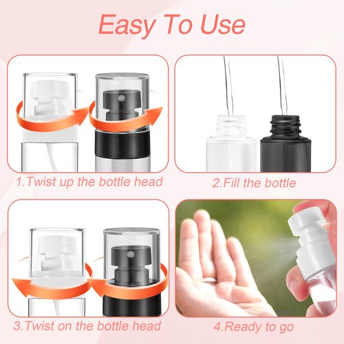 QIYUDA 6 Pack 1oz Mini Spray Bottle, 30ML Plastic Empty Refillable Fine Mist Travel Toners Perfume Face Small Spray Bottles (3Pcs Black + 3Pcs White)