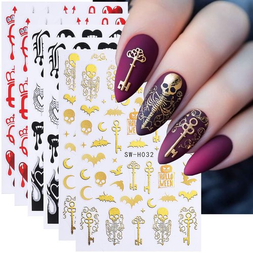 POWPOP Halloween Nail Art Stickers Decals 3D Halloween Nail Decals 6PCS Gold Skeleton Bat Key French Fire Blood Crown Nails Design Adhesive Stickers Manicure Supply for Women Nail Art Decorations