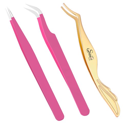 SIVOTE Lash Tweezers & Applicator Tool Set, 2-Pack Precision Tweezers (Straight & Curved Tip, Pink) with Gold Eyelash Applicator Tool for Extensions & False Lash Application