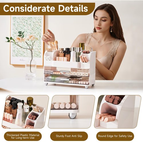UFORU Makeup Organizer for Vanity with 2 Large Drawers, Cosmetic Display Case with Brush Holders, Easy to Storage for Bathroom Countertop Skincare, Desk Office Supplies, White