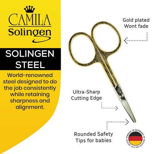 Camila Solingen CS01 Safety Tip Baby Nail Scissors for Manicure and Pedicure, Hypoallergenic Gold Grooming Scissors for Toddler Nail Care, Made of Stainless Steel in Solingen, Germany