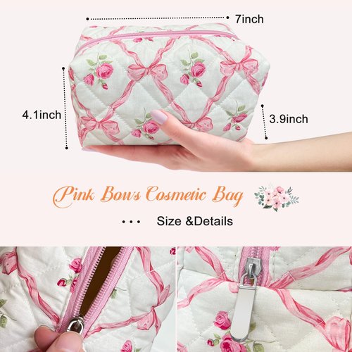 Trnerm Small Makeup Bag Quilted Cosmetic Bag Coquette Makeup Pouch Makeup Organizer Pink Ribbons Small Travel Makeup Bag Travel Toiletry Bag for Women Girls