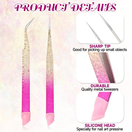 2 Pcs Double Ended Nail Art Tweezers with Silicone Pressing Head - Straight & Curved Tip Stainless Steel Tweezers for Eyelash Extensions & Nail Art Stickers