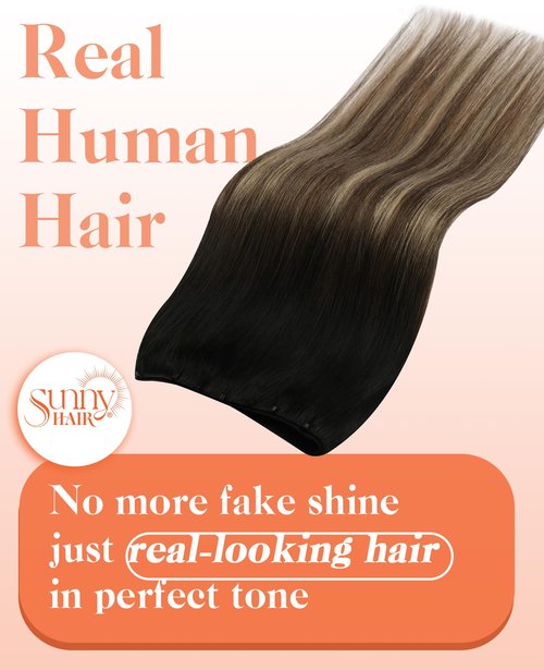 Sunny Hair Beaded Weft Hair Extensions Human Hair Ombre Micro Weft Real Hair Extensions Black Roots to Dark Brown Balayage Blonde Beaded Wefts Human Hair Extensions Short Straight Hair 14inch 50g