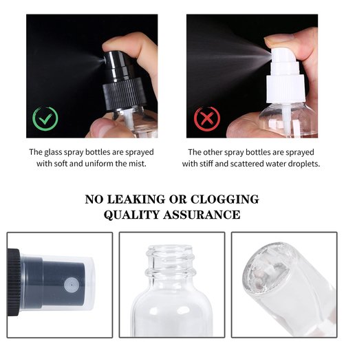 YONKAN 2oz Glass Spray Bottle, Fine Mist Boston Glass Bottles with Black Fine Mist Sprayer Small Clear Bottles for Essential Oils, Bath, Beauty, Hair & Cleaning, Clear, Pack of 12