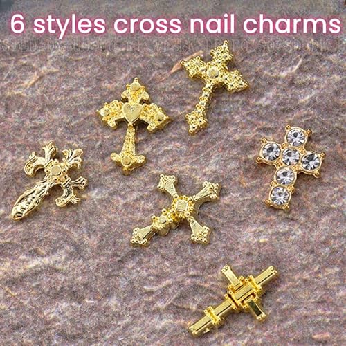 3D Cross Nail Charms for Nail Art, 60 Pcs Metal Crystal Cross Nail Decorations, Alloy Nail Studs and Rhinestones for Women Girl DIY Jewelry Crafts Supplies (Gold)