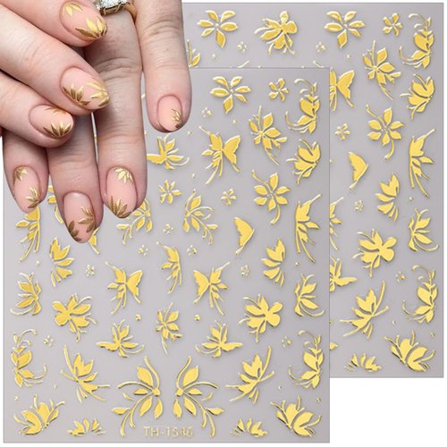 6 Sheets Gold Nail Stickers 3D Metallic Flower Leaf Nail Art Stickers 3D Self Adhesive Gold Nails Designs Accessories Cherry Blossom Flower Nails Decals for Women Girls DIY Summer Manicure Decoration