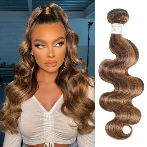 AUROO 12A Honey Blonde Highlight Body Wave Single Bundles Human Hair 10 Inch, 100% Virgin Brazilian Weaves Thick Track Brown Ombre #P4/27 Balayage Colored Human Hair Bundles Extensions Sew In Remy