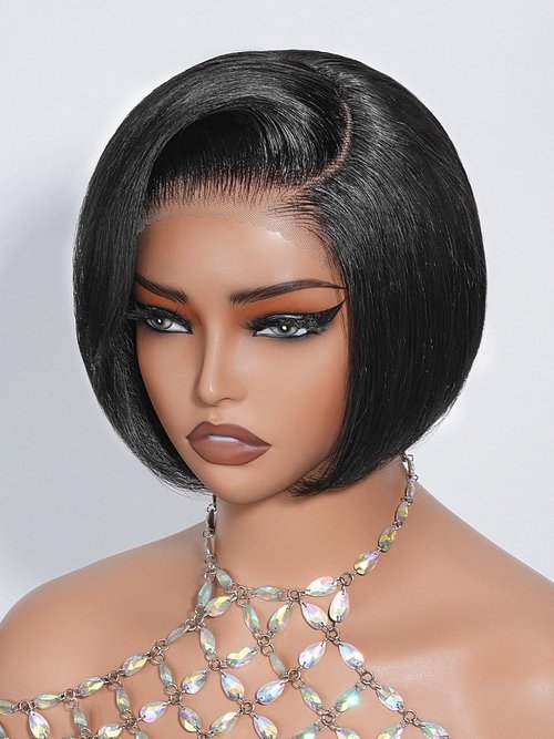 GPOP Short Bob Wig Human Hair Straight Glueless Wigs Human Hair Pre Plucked Pre Cut 250 Density 5x5 HD Lace Glueless Drawstring Pixie Cut wigs for Women Natural Color