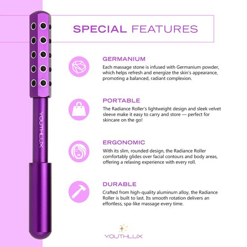 YOUTHLUX Radiance Roller – Germanium Stone Facial Massage Tool for Lifting, Sculpting, De-Puffing, Glow Boost, Energizing & Cooling Effect (Purple)