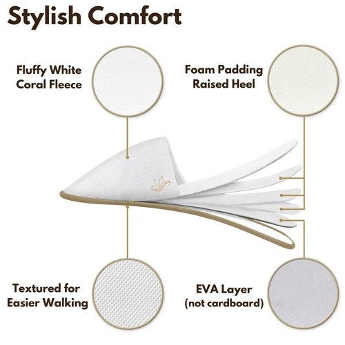 BERGMAN KELLY Spa Slippers, Closed Toe (Medium & Large, 12 Pairs, White + Cocoa Trim), Disposable Indoor Hotel Slippers for Men and Women, Fluffy Coral Fleece, Deluxe Padded Sole for Extra Comfort