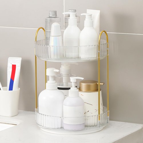 YCIA&DONE 360 Rotating Makeup Organizer and Storage for Vanity Bathroom Countertop, High Capacity Cosmetic Skincare Perfume Organizers for Dresser Lazy Susan (Clear White,2 Tiers)