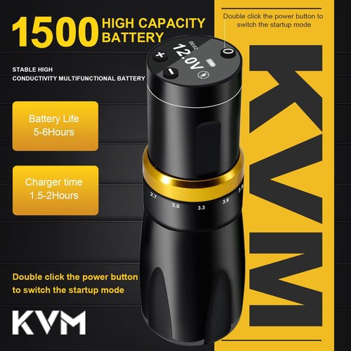 KVM Tattoo Gun Kit,Wireless Tattoo Machine,7 Adjustable Stroke Options,Shorter Body Design,1500mAh Power Supply (Tattoo ink is for tattoo practice only)